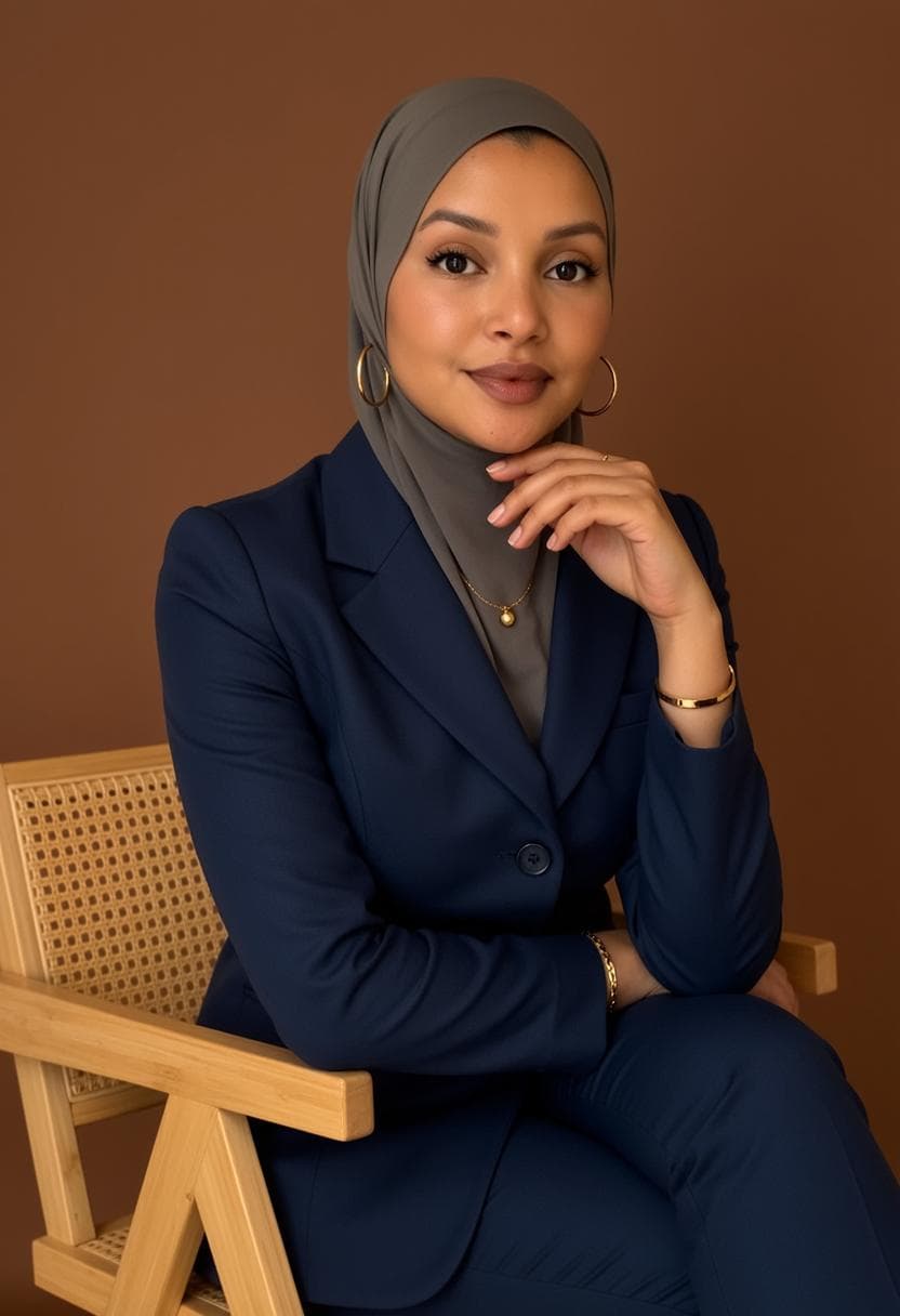 Professional woman in a navy suit and grey hijab sitting in a wooden cane chair.